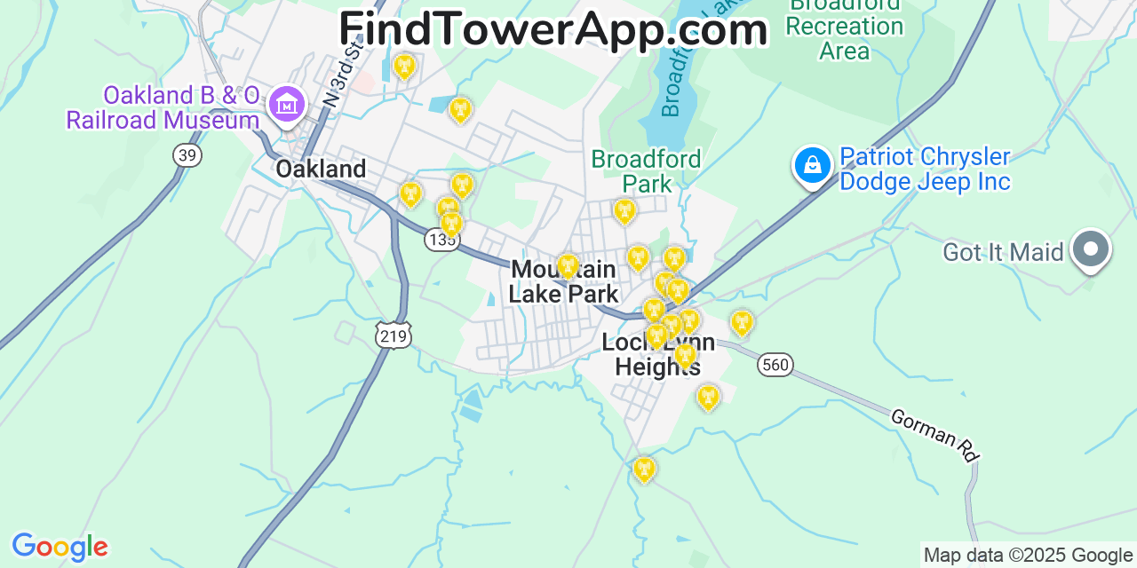 Map showing the 20 primary cell tower locations detected in Mountain Lake Park, Maryland from AT&T, Verizon, and T-Mobile networks
