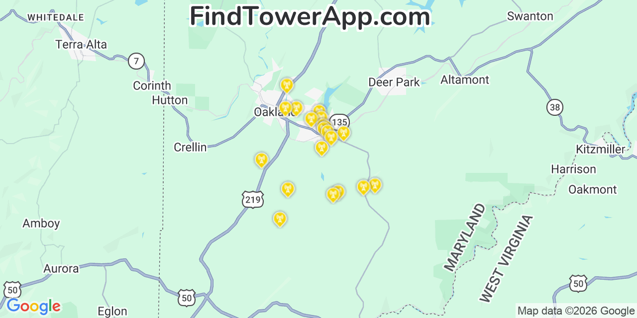 Map showing the 20 primary cell tower locations detected in Mountain Lake Park, Maryland from AT&T, Verizon, and T-Mobile networks