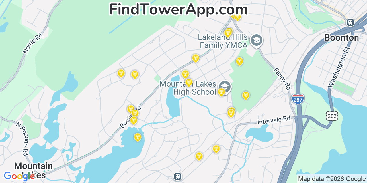 Map showing the 20 primary cell tower locations detected in Mountain Lakes, New Jersey from AT&T, Verizon, and T-Mobile networks