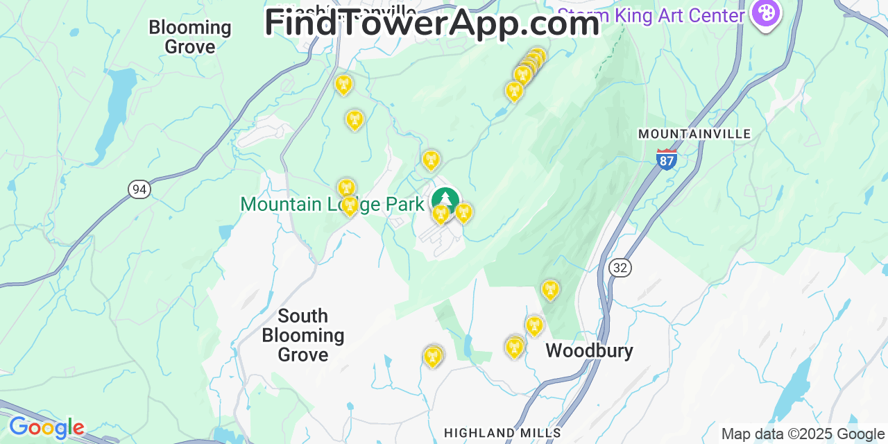 Map showing the 20 primary cell tower locations detected in Mountain Lodge Park, New York from AT&T, Verizon, and T-Mobile networks