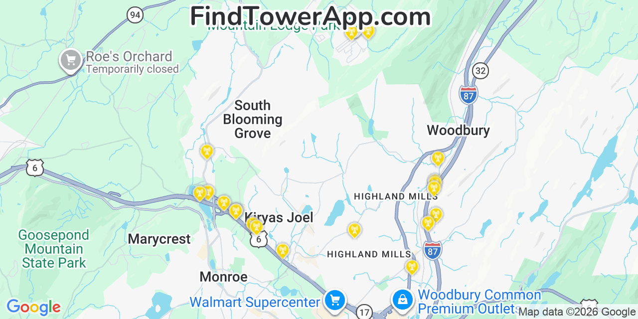 Map showing the 20 primary cell tower locations detected in Mountain Lodge Park, New York from AT&T, Verizon, and T-Mobile networks