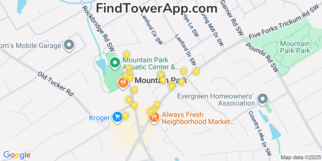Map showing the 20 primary cell tower locations detected in Mountain Park, Georgia from AT&T, Verizon, and T-Mobile networks