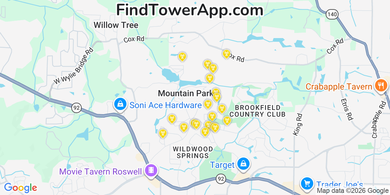 Map showing the 20 primary cell tower locations detected in Mountain Park, Georgia from AT&T, Verizon, and T-Mobile networks