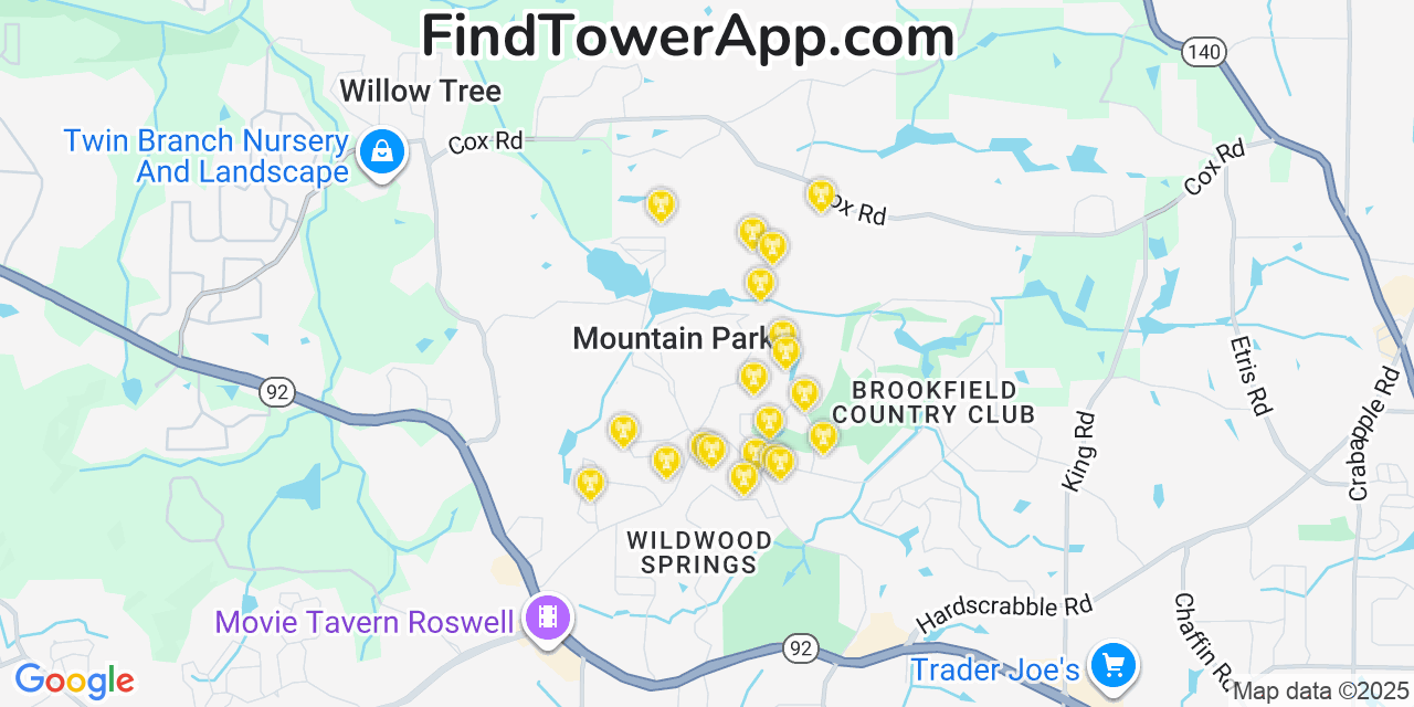 Map showing the 20 primary Mobitel cell tower locations detected in Mountain Park, Georgia with coverage radius and signal strength indicators