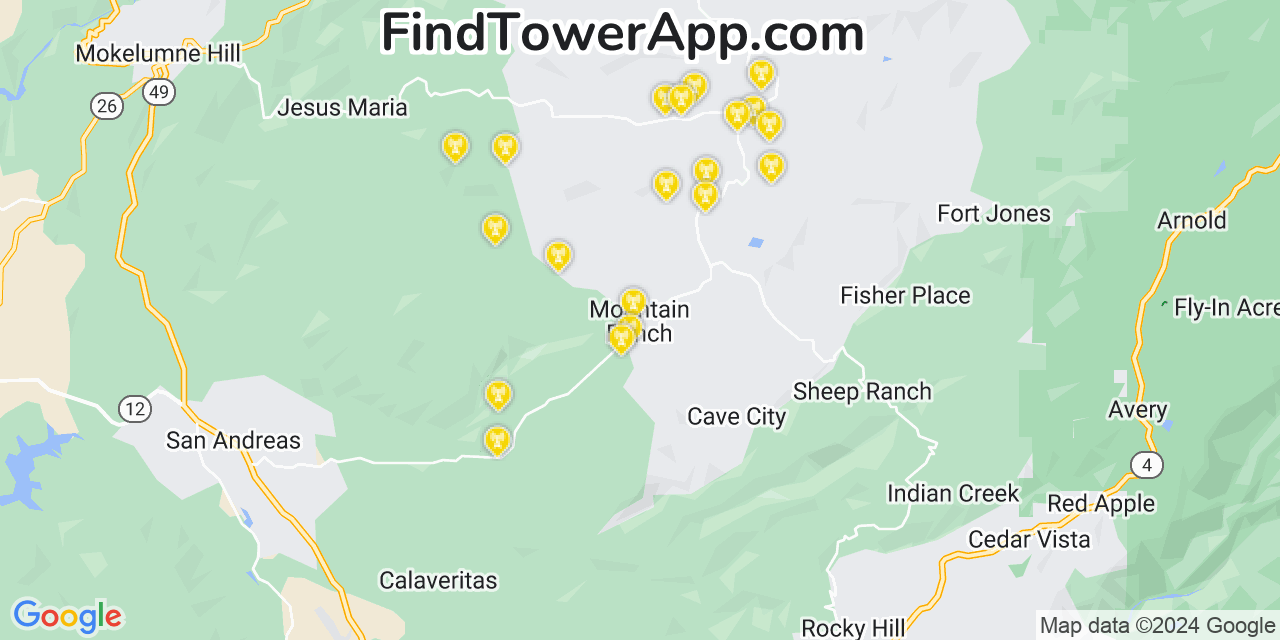 AT&T 4G/5G cell tower coverage map Mountain Ranch, California