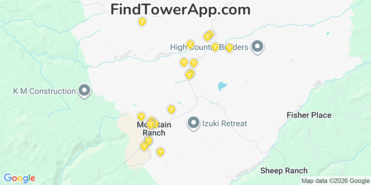 Map showing the 20 primary cell tower locations detected in Mountain Ranch, California from AT&T, Verizon, and T-Mobile networks