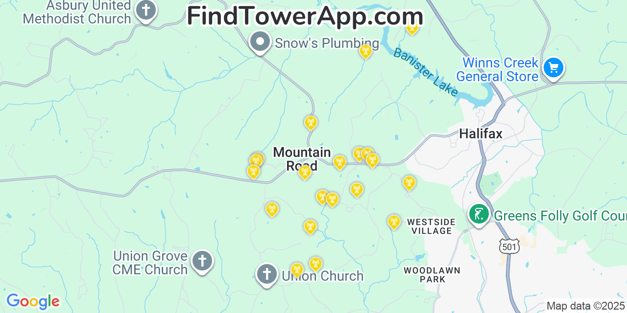 Map showing the 20 primary cell tower locations detected in Mountain Road, Virginia from AT&T, Verizon, and T-Mobile networks