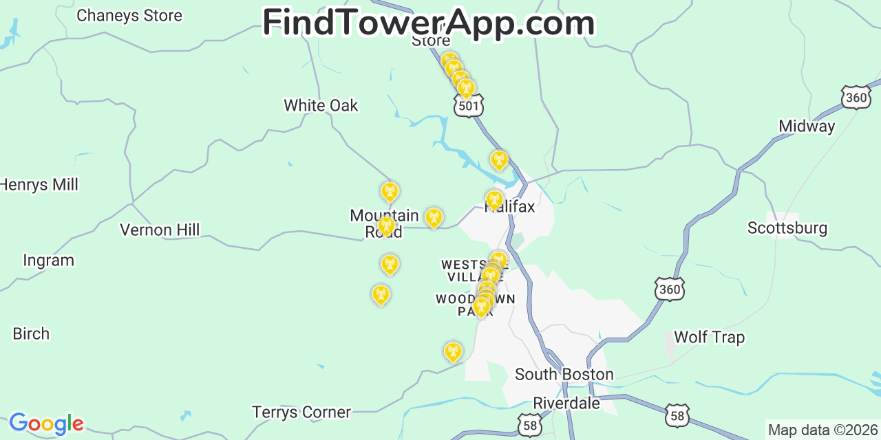 Map showing the 20 primary cell tower locations detected in Mountain Road, Virginia from AT&T, Verizon, and T-Mobile networks