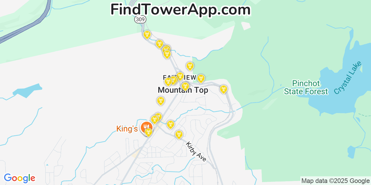 Map showing the 20 primary cell tower locations detected in Mountain Top, Pennsylvania from AT&T, Verizon, and T-Mobile networks