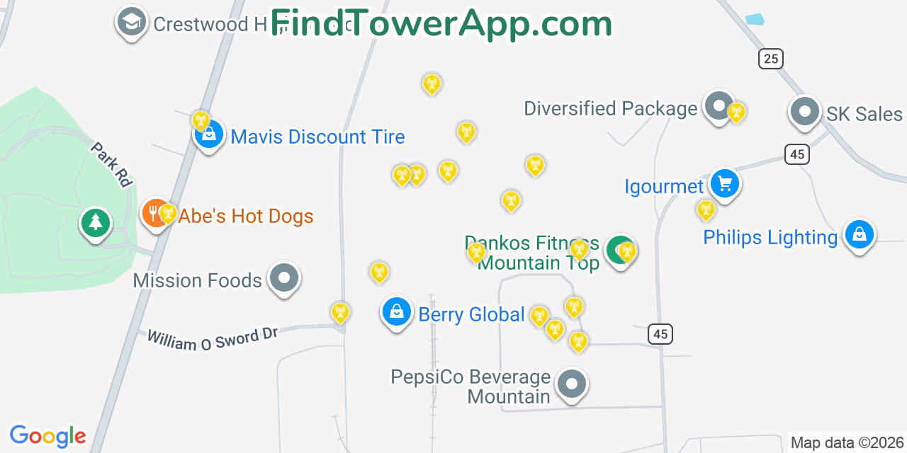 Map showing the 20 primary cell tower locations detected in Mountain Top, Pennsylvania from AT&T, Verizon, and T-Mobile networks