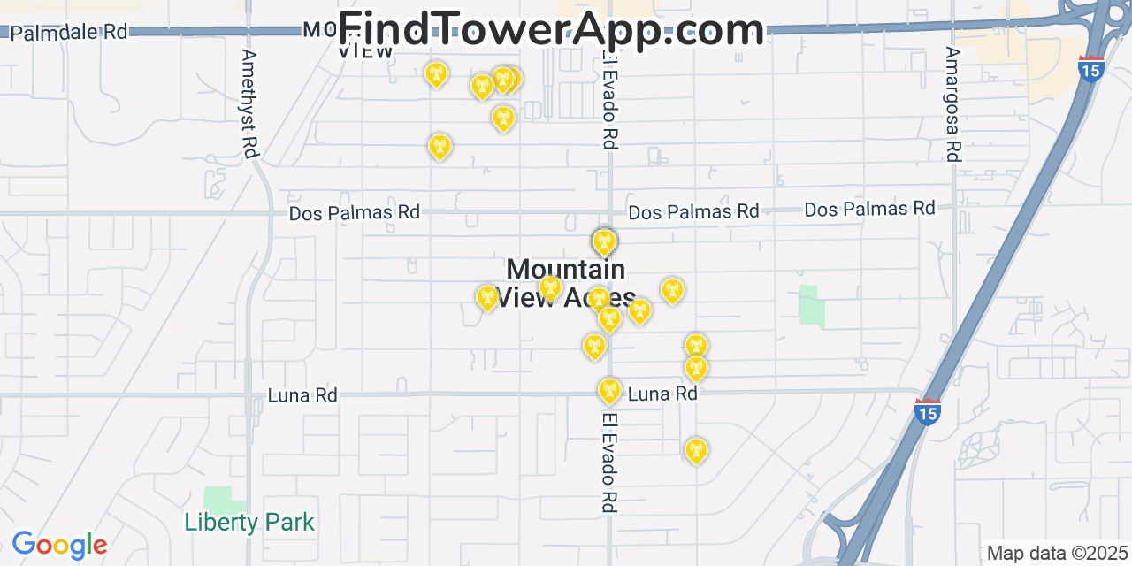 Map showing the 20 primary cell tower locations detected in Mountain View Acres, California from AT&T, Verizon, and T-Mobile networks