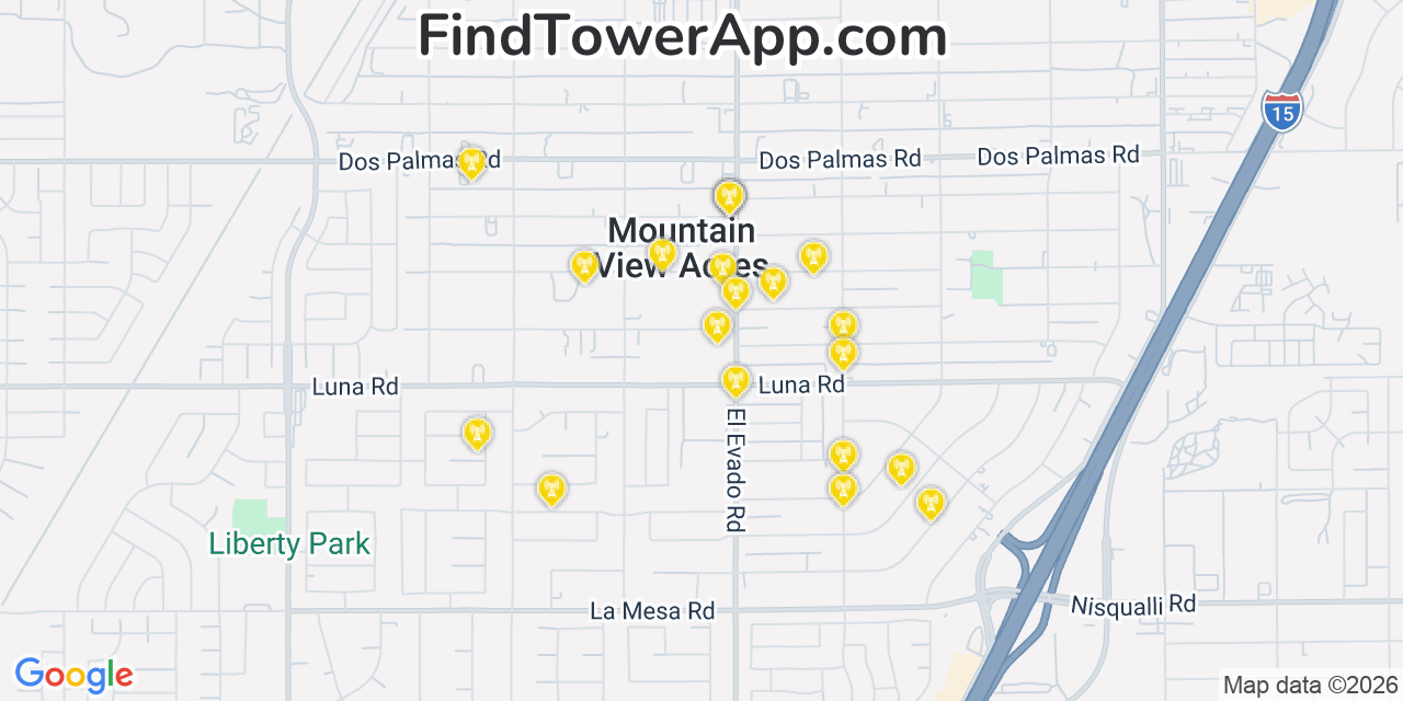 Map showing the 20 primary cell tower locations detected in Mountain View Acres, California from AT&T, Verizon, and T-Mobile networks