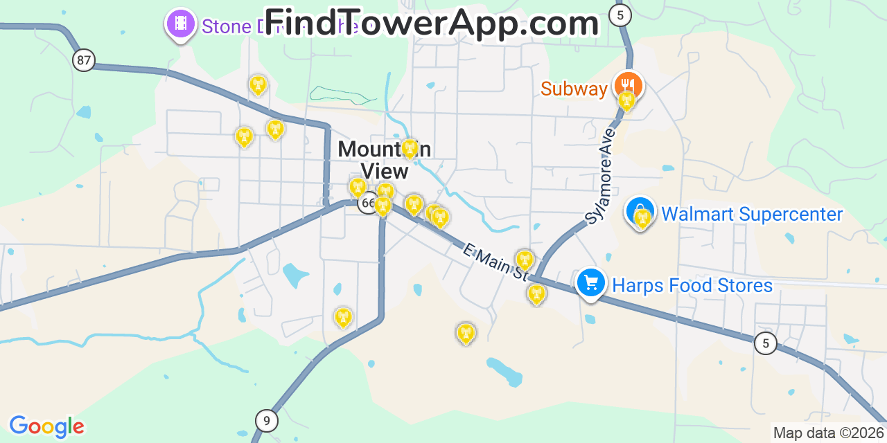 Map showing the 20 primary cell tower locations detected in Mountain View, Arkansas from AT&T, Verizon, and T-Mobile networks