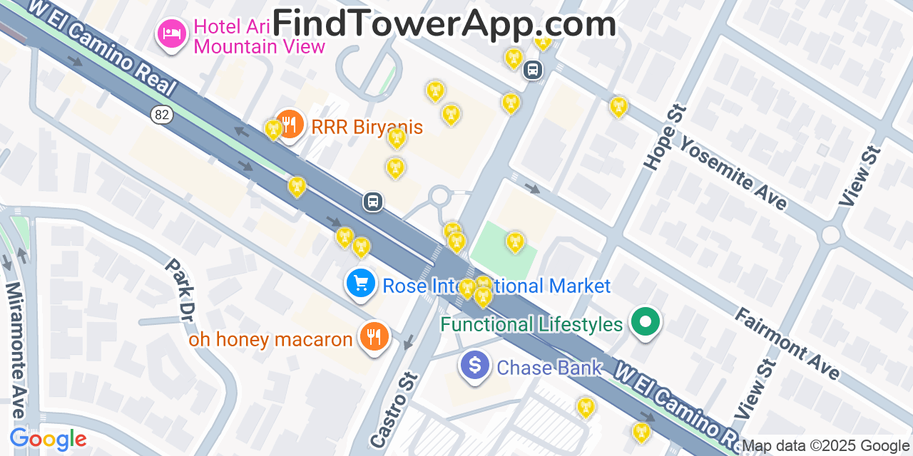 Map showing the 20 primary cell tower locations detected in Mountain View, California from AT&T, Verizon, and T-Mobile networks