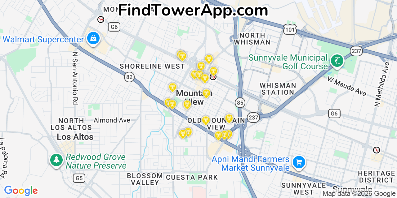 Map showing the 20 primary cell tower locations detected in Mountain View, California from AT&T, Verizon, and T-Mobile networks