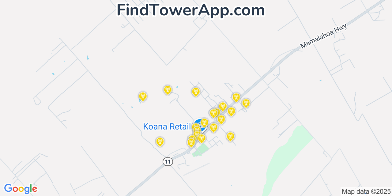 Map showing the 20 primary cell tower locations detected in Mountain View, Hawaii from AT&T, Verizon, and T-Mobile networks