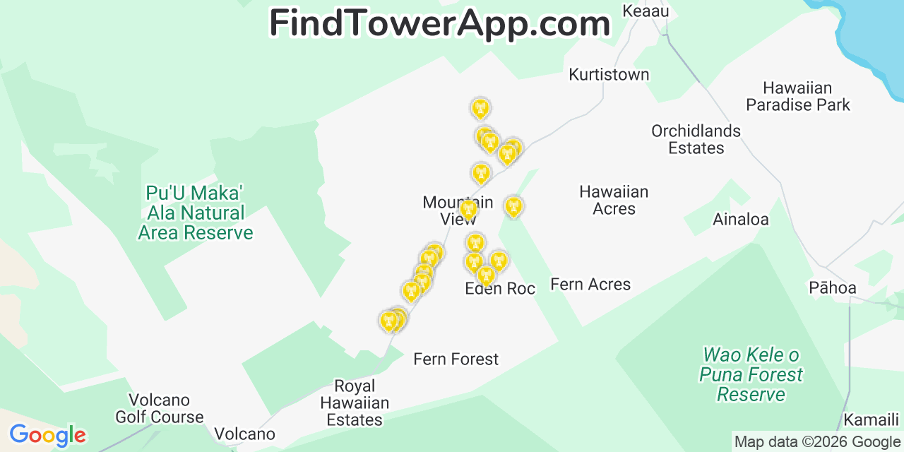 Map showing the 20 primary cell tower locations detected in Mountain View, Hawaii from AT&T, Verizon, and T-Mobile networks