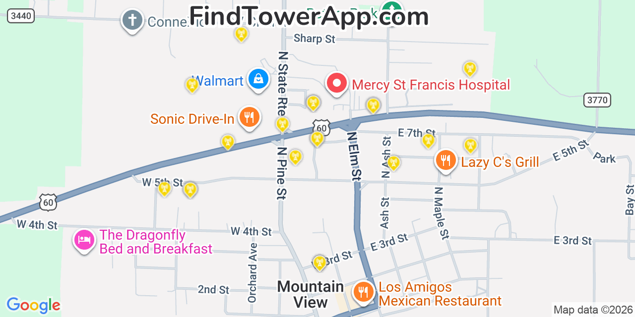 Map showing the 20 primary cell tower locations detected in Mountain View, Missouri from AT&T, Verizon, and T-Mobile networks