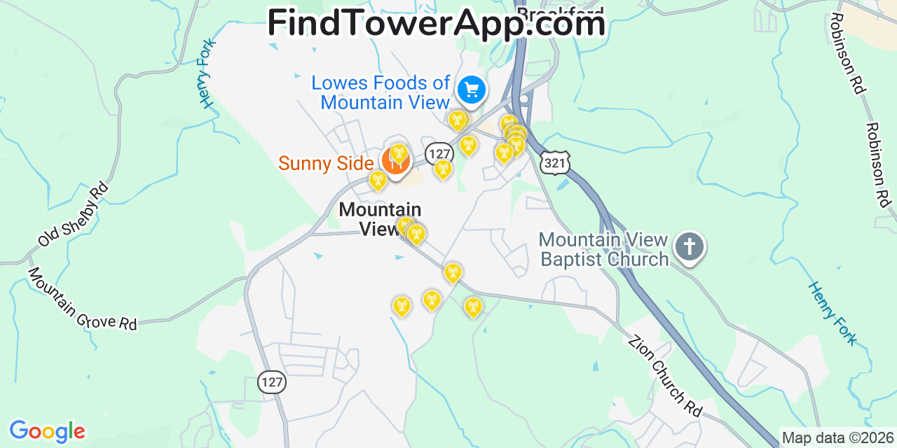 Map showing the 20 primary cell tower locations detected in Mountain View, North Carolina from AT&T, Verizon, and T-Mobile networks
