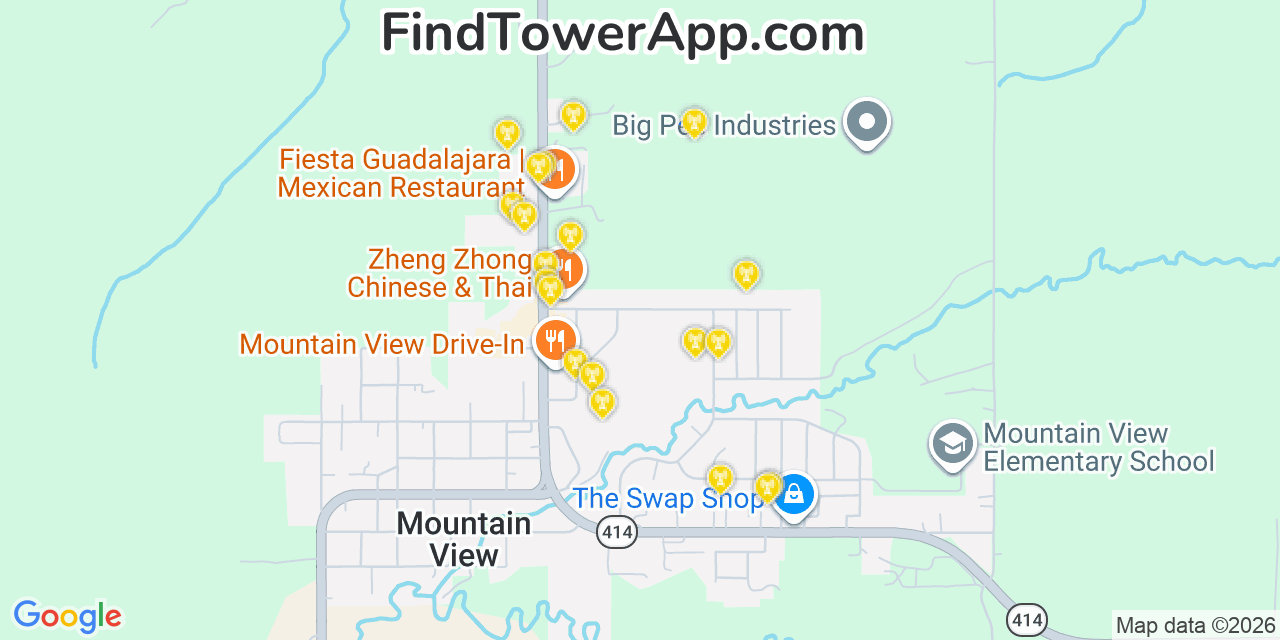 Map showing the 20 primary cell tower locations detected in Mountain View, Wyoming from AT&T, Verizon, and T-Mobile networks