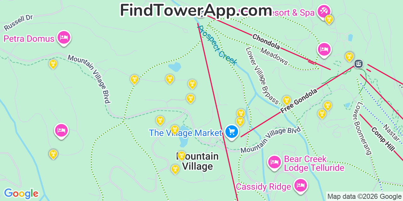 Map showing the 20 primary cell tower locations detected in Mountain Village, Colorado from AT&T, Verizon, and T-Mobile networks
