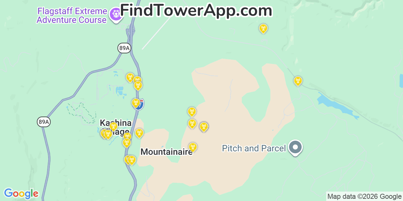 Map showing the 20 primary cell tower locations detected in Mountainaire, Arizona from AT&T, Verizon, and T-Mobile networks