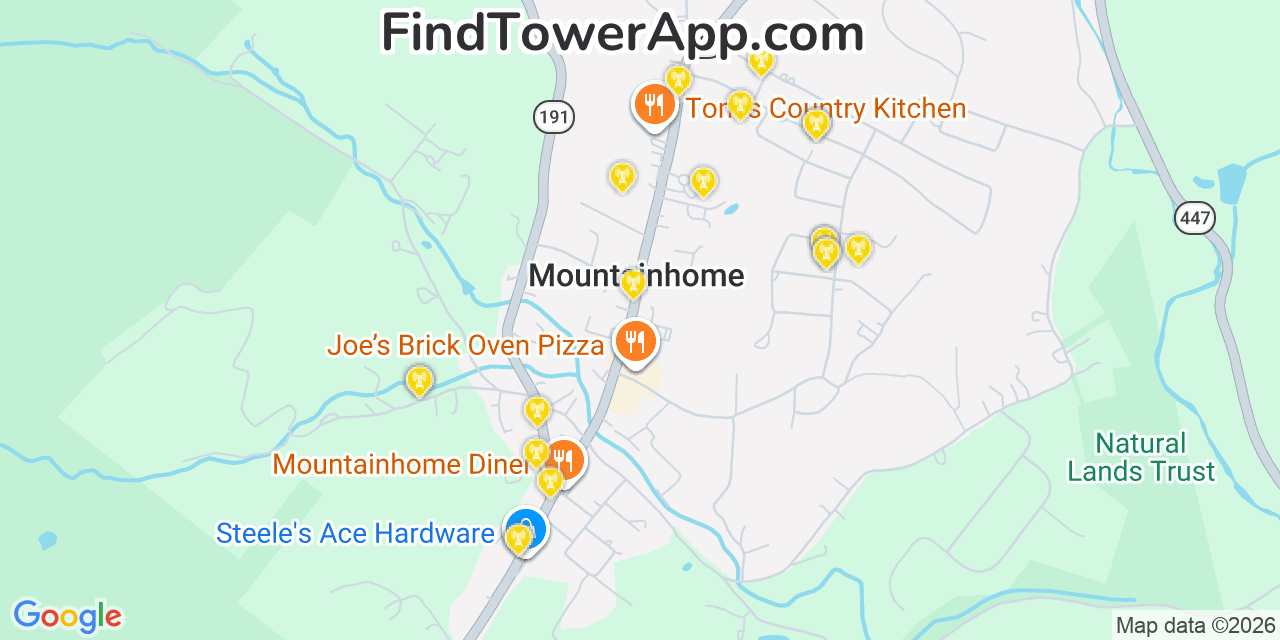 Map showing the 20 primary cell tower locations detected in Mountainhome, Pennsylvania from AT&T, Verizon, and T-Mobile networks