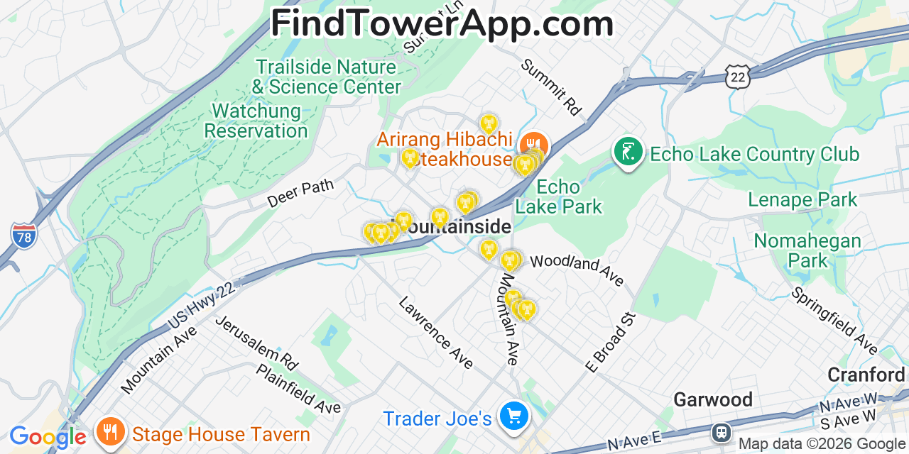 Map showing the 20 primary cell tower locations detected in Mountainside, New Jersey from AT&T, Verizon, and T-Mobile networks
