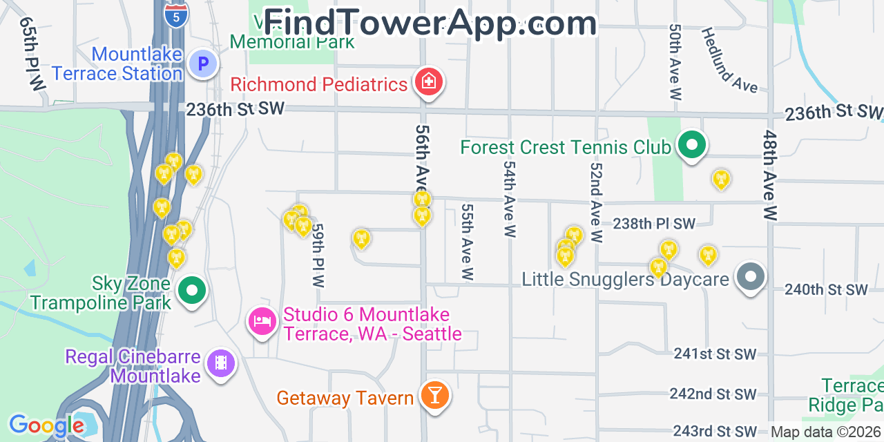 Map showing the 20 primary cell tower locations detected in Mountlake Terrace, Washington from AT&T, Verizon, and T-Mobile networks