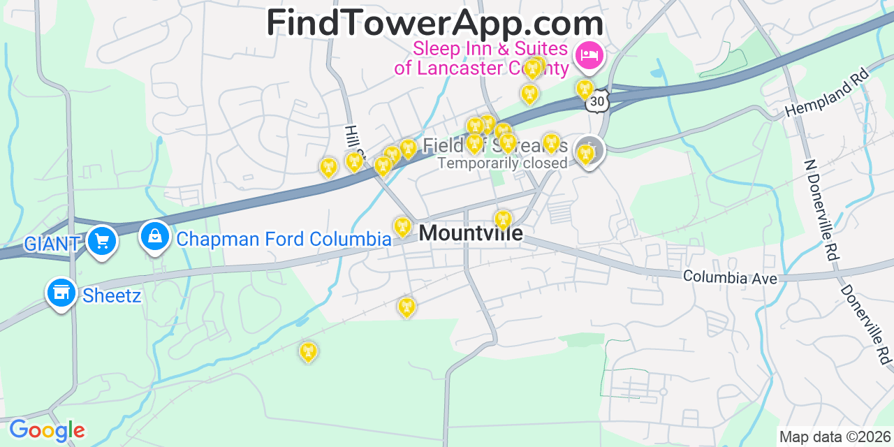 Map showing the 20 primary cell tower locations detected in Mountville, Pennsylvania from AT&T, Verizon, and T-Mobile networks