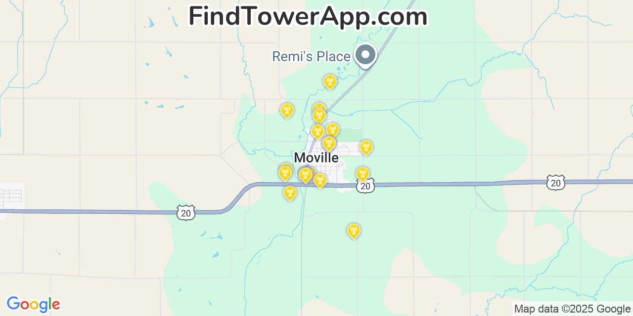 Map showing the 20 primary cell tower locations detected in Moville, Iowa from AT&T, Verizon, and T-Mobile networks
