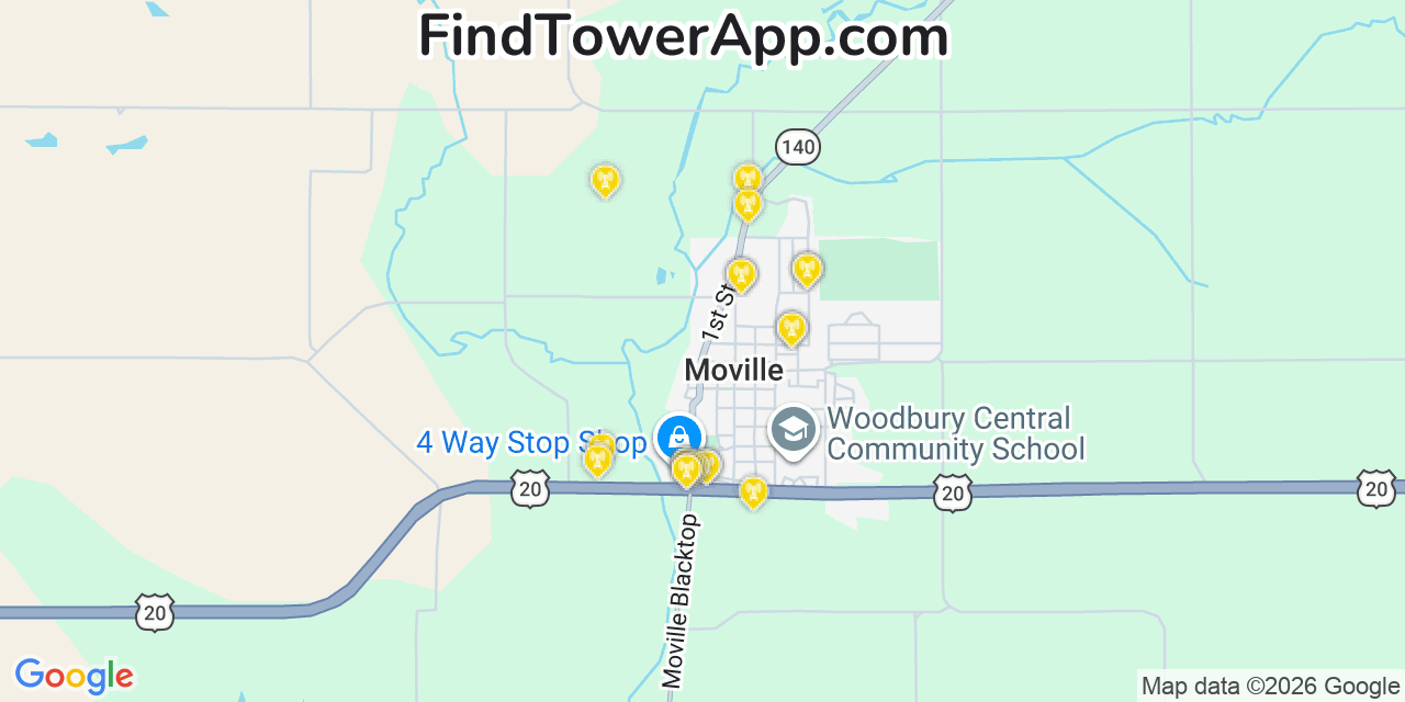 Map showing the 20 primary cell tower locations detected in Moville, Iowa from AT&T, Verizon, and T-Mobile networks