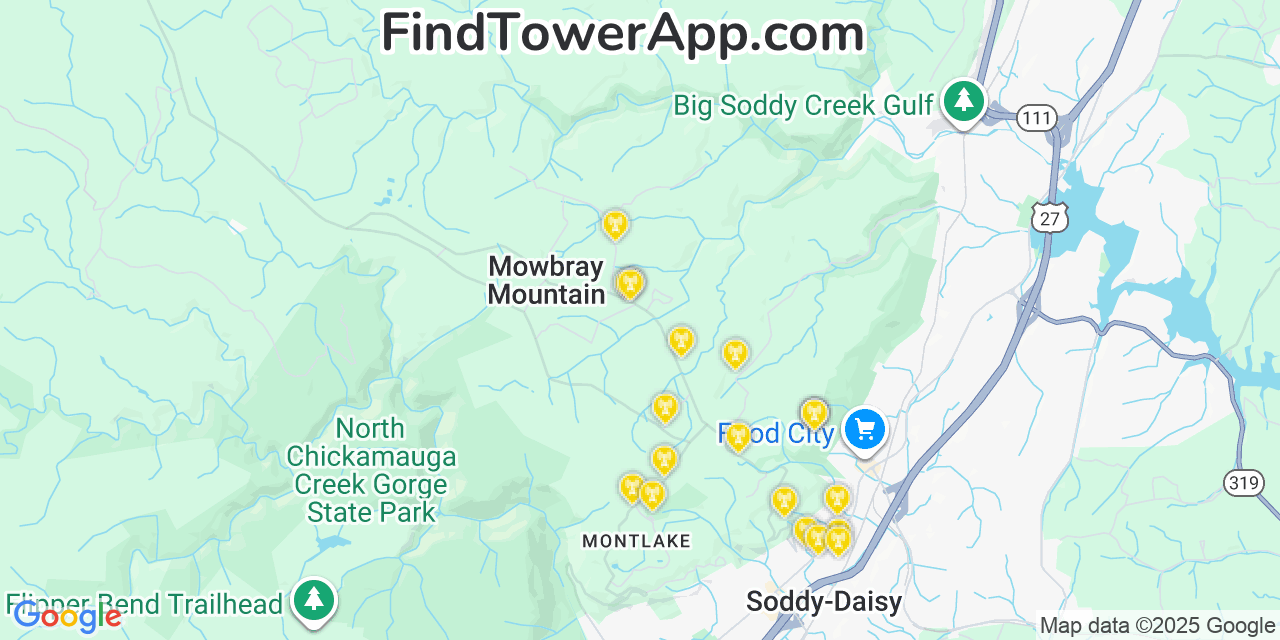 Map showing the 20 primary cell tower locations detected in Mowbray Mountain, Tennessee from AT&T, Verizon, and T-Mobile networks