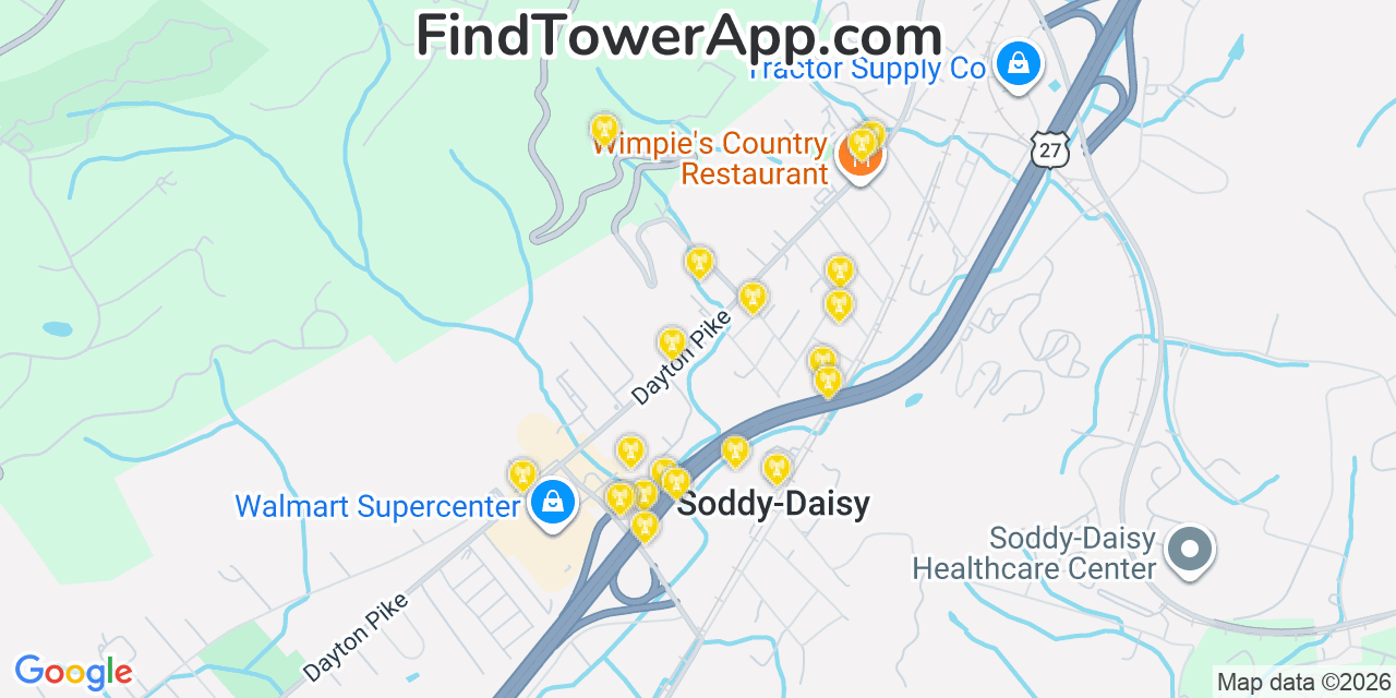 Map showing the 20 primary cell tower locations detected in Mowbray Mountain, Tennessee from AT&T, Verizon, and T-Mobile networks