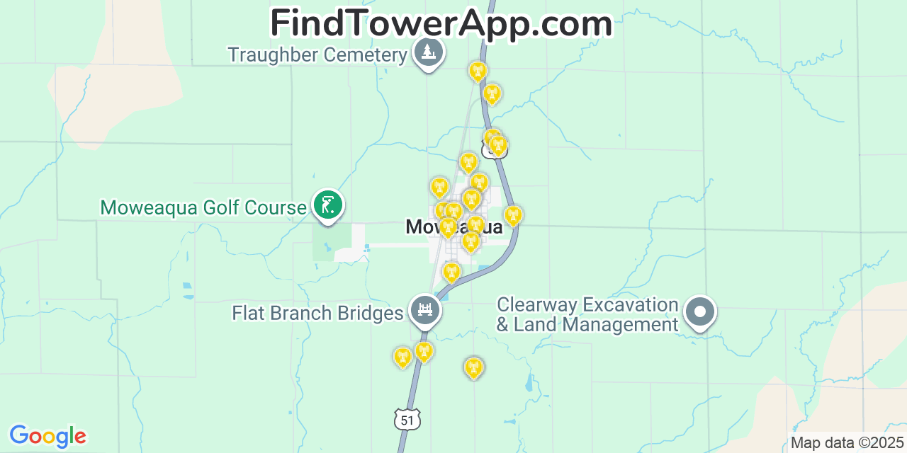 Map showing the 20 primary cell tower locations detected in Moweaqua, Illinois from AT&T, Verizon, and T-Mobile networks