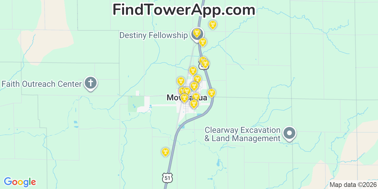 Map showing the 20 primary cell tower locations detected in Moweaqua, Illinois from AT&T, Verizon, and T-Mobile networks