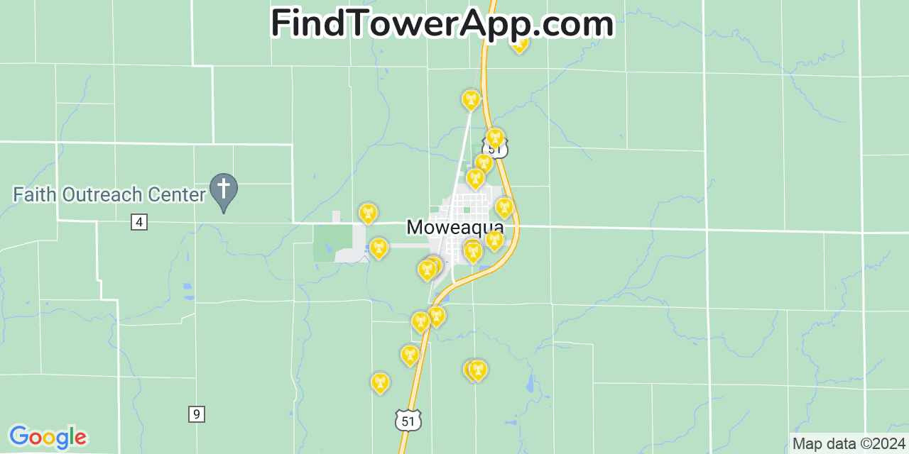 Verizon 4G/5G cell tower coverage map Moweaqua, Illinois