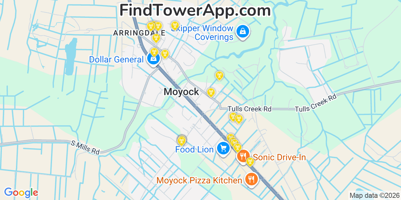 Map showing the 20 primary cell tower locations detected in Moyock, North Carolina from AT&T, Verizon, and T-Mobile networks