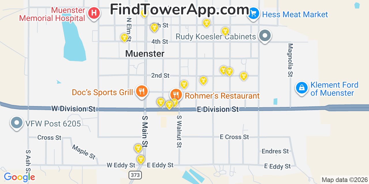 Map showing the 20 primary cell tower locations detected in Muenster, Texas from AT&T, Verizon, and T-Mobile networks