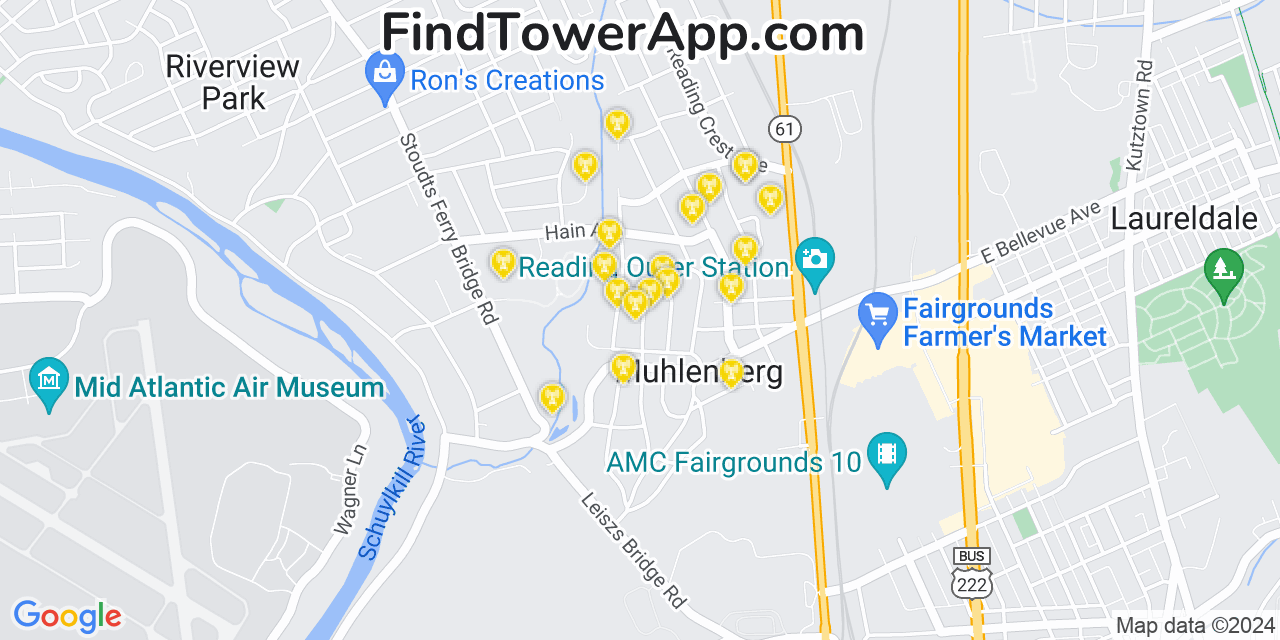 AT&T 4G/5G cell tower coverage map Muhlenberg Park, Pennsylvania