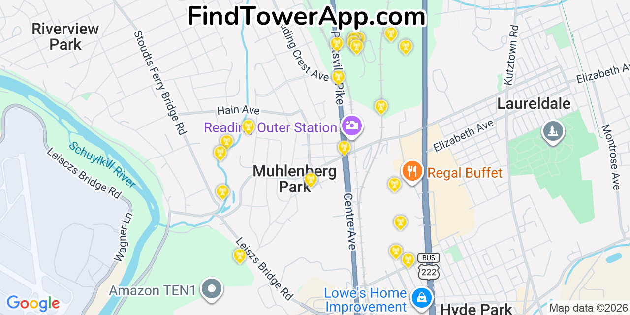 Map showing the 20 primary cell tower locations detected in Muhlenberg Park, Pennsylvania from AT&T, Verizon, and T-Mobile networks