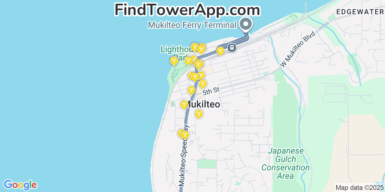 Map showing the 20 primary cell tower locations detected in Mukilteo, Washington from AT&T, Verizon, and T-Mobile networks