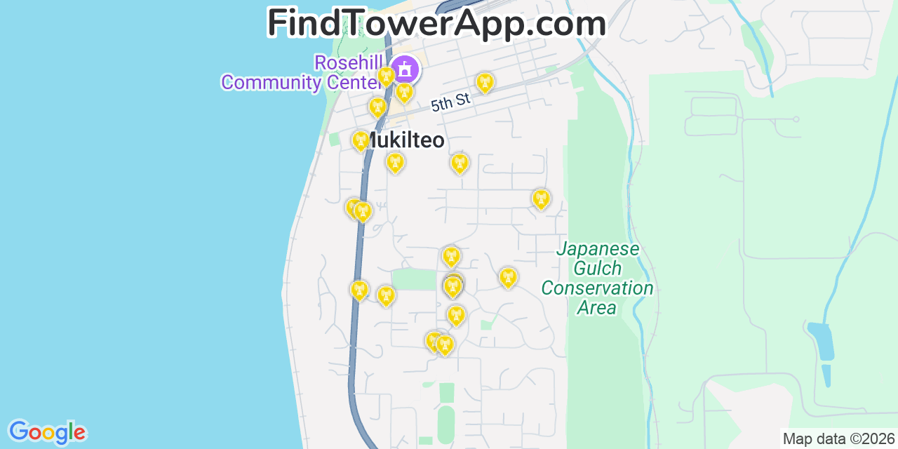 Map showing the 20 primary cell tower locations detected in Mukilteo, Washington from AT&T, Verizon, and T-Mobile networks