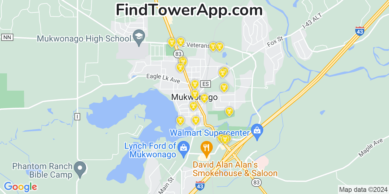 AT&T 4G/5G cell tower coverage map Mukwonago, Wisconsin