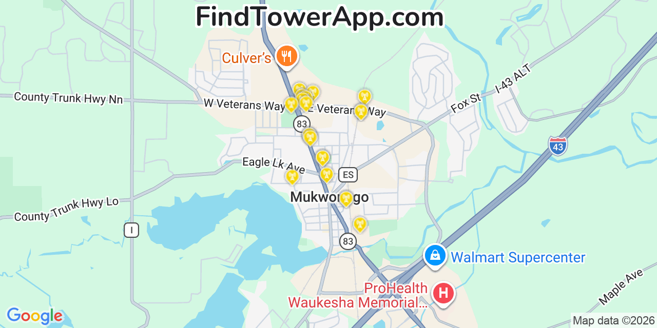 Map showing the 20 primary cell tower locations detected in Mukwonago, Wisconsin from AT&T, Verizon, and T-Mobile networks