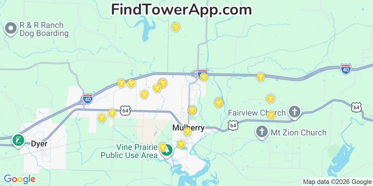 Map showing the 20 primary cell tower locations detected in Mulberry, Arkansas from AT&T, Verizon, and T-Mobile networks