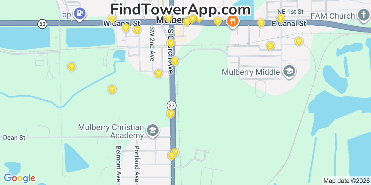 Map showing the 20 primary cell tower locations detected in Mulberry, Florida from AT&T, Verizon, and T-Mobile networks