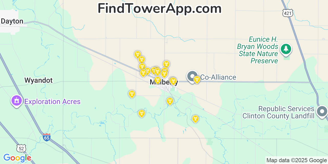 Map showing the 20 primary cell tower locations detected in Mulberry, Indiana from AT&T, Verizon, and T-Mobile networks