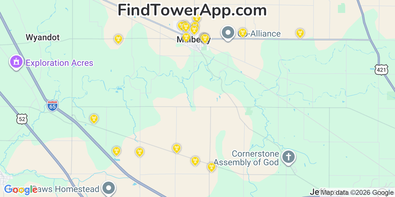 Map showing the 20 primary cell tower locations detected in Mulberry, Indiana from AT&T, Verizon, and T-Mobile networks