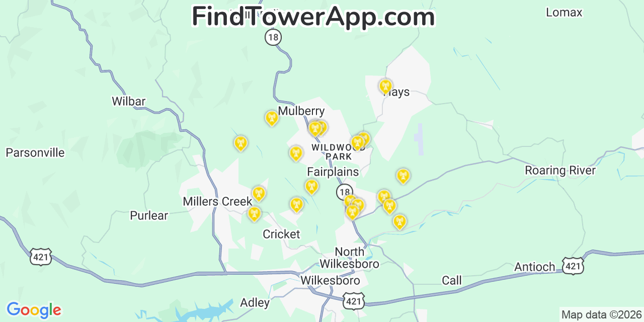 Map showing the 20 primary cell tower locations detected in Mulberry, North Carolina from AT&T, Verizon, and T-Mobile networks